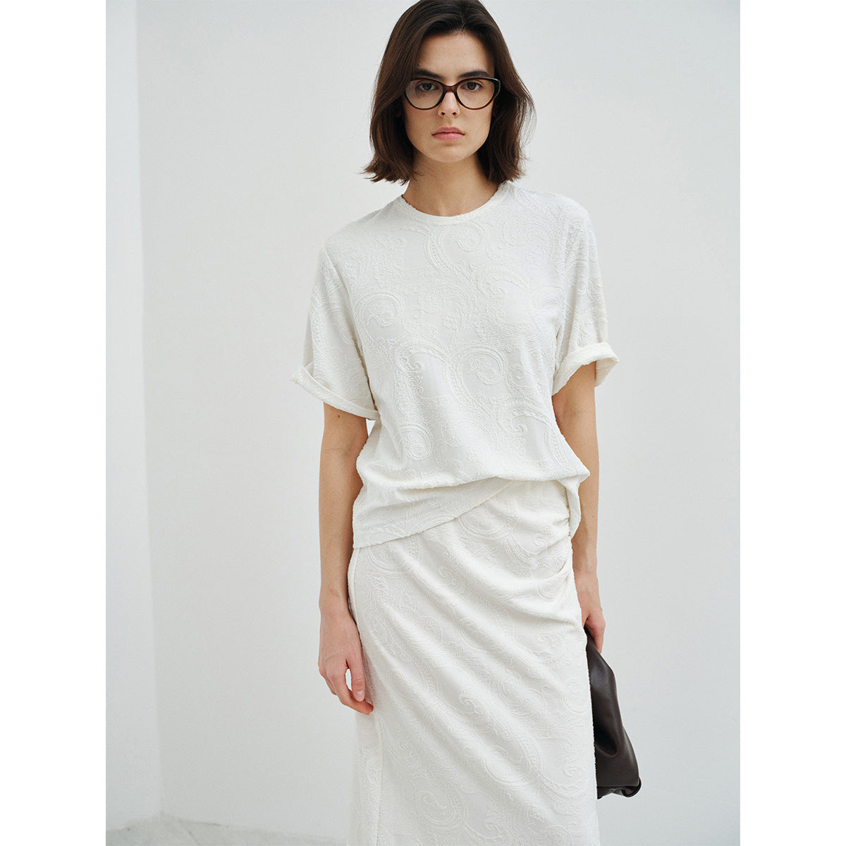 Spring new design Modal wool three-dimensional cashew flower texture T-shirt