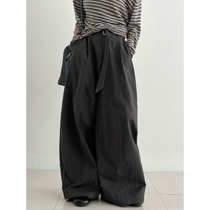Three-dimensional pleated volume and texture wide-leg straight-leg pants women's autumn new versatile strap trousers