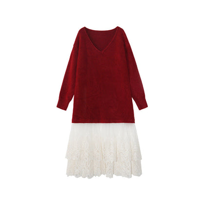 Gentle temperament atmosphere lace splicing sweater dress