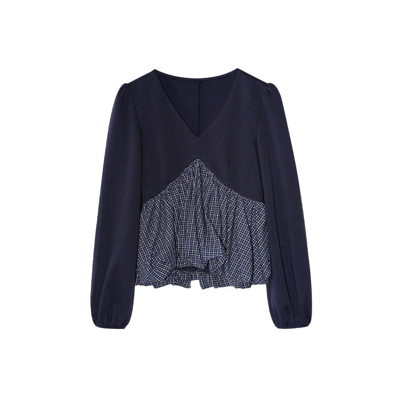 Sweet hem stitching long-sleeved v-neck top shirt