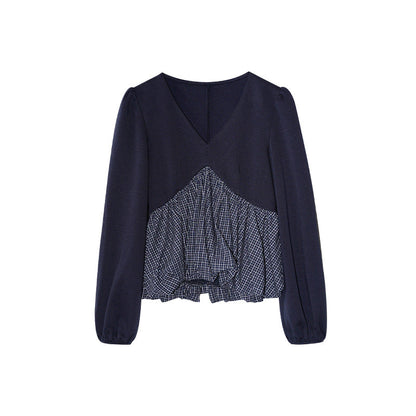 Sweet hem stitching long-sleeved v-neck top shirt
