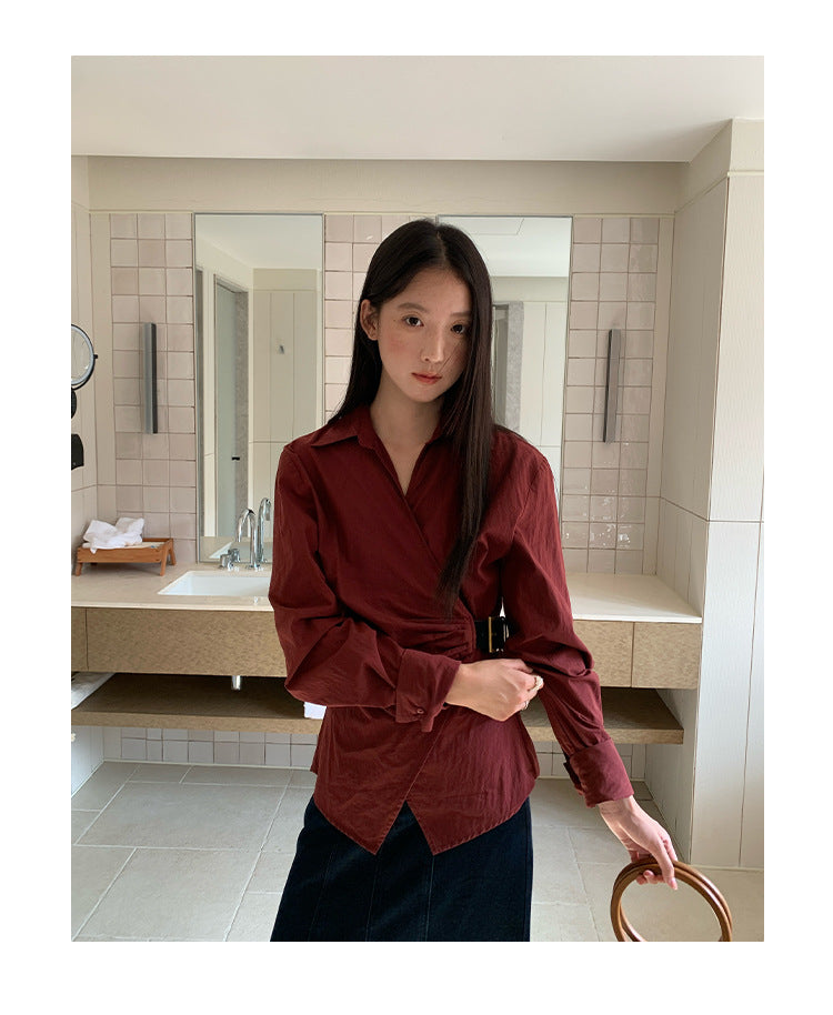 Temperament diagonal placket waist long-sleeved lapel shirt