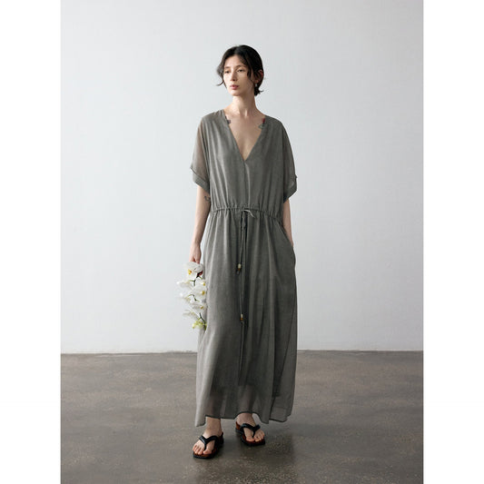 Summer new design Tencel V-neck drawstring waist glossy dress