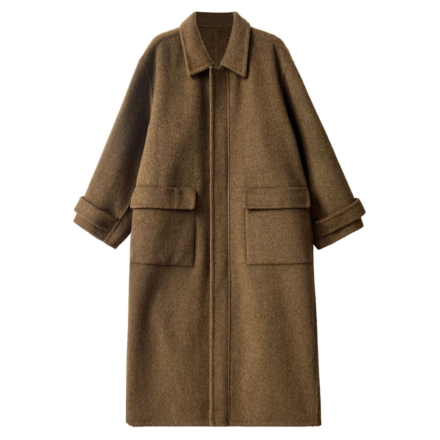 100% wool lapel zipper double-sided woolen coat women's design silhouette double patch bag long coat