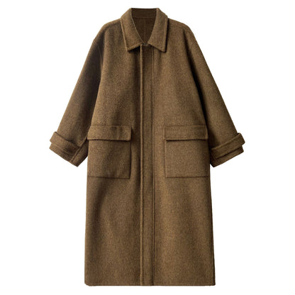 100% wool lapel zipper double-sided woolen coat women's design silhouette double patch bag long coat