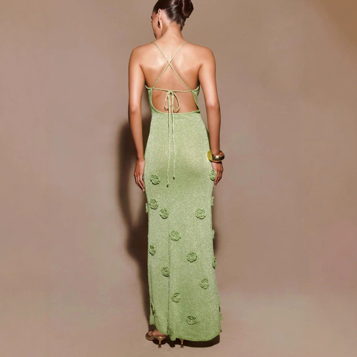 Fashion vacation style knitted hip skirt three-dimensional flower backless sexy dress