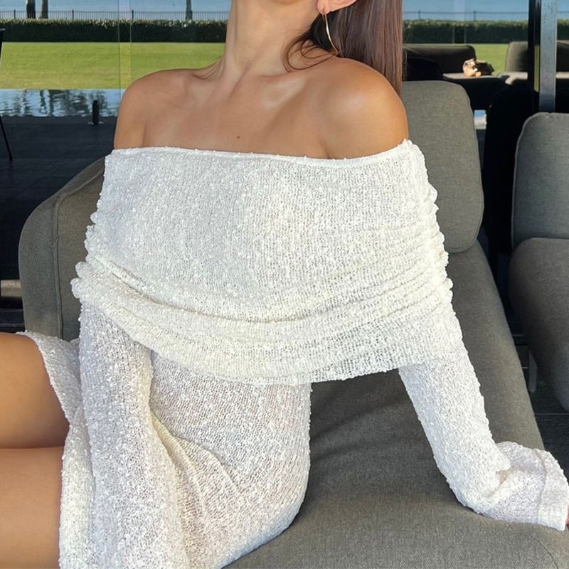 Holiday style hollow one-word shoulder dress women's long-sleeved beach skirt