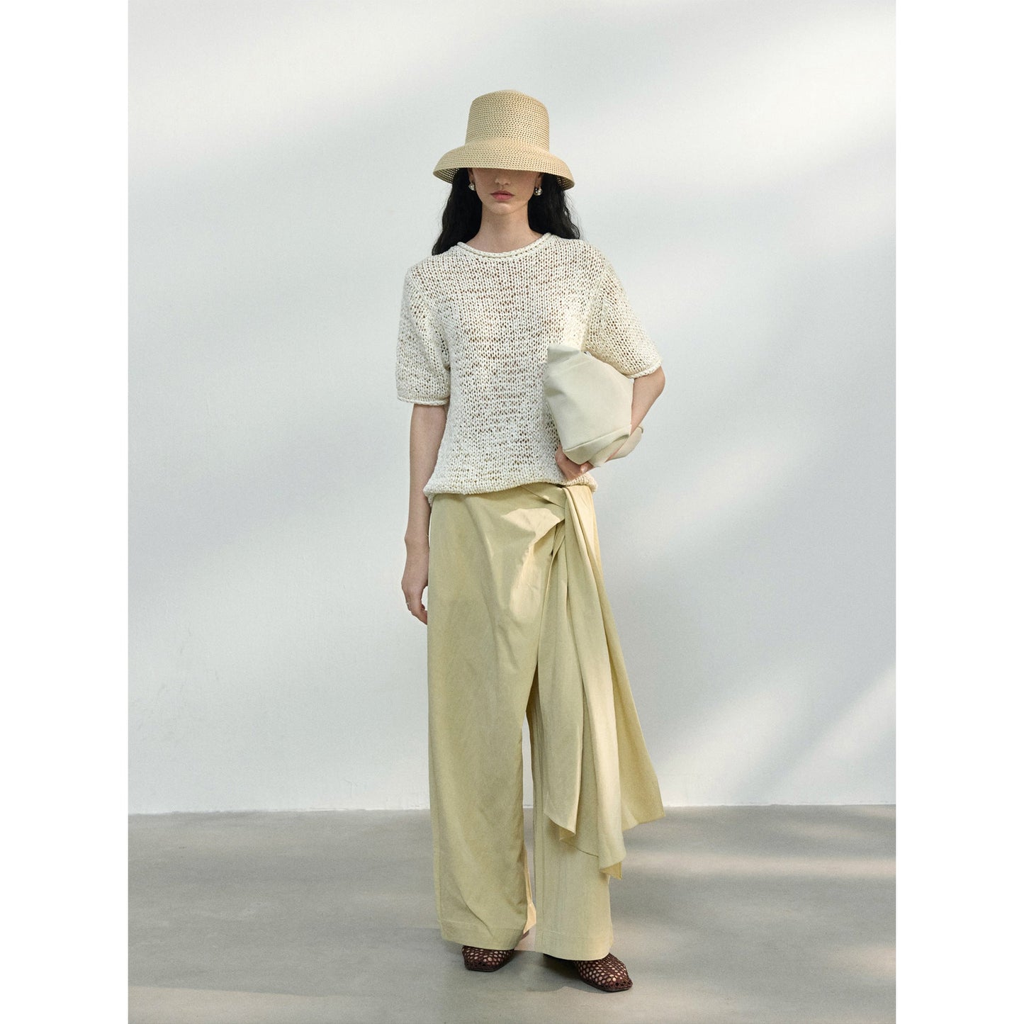 New commuter design Tencel texture lace-up anti-wrinkle wide-leg casual pants