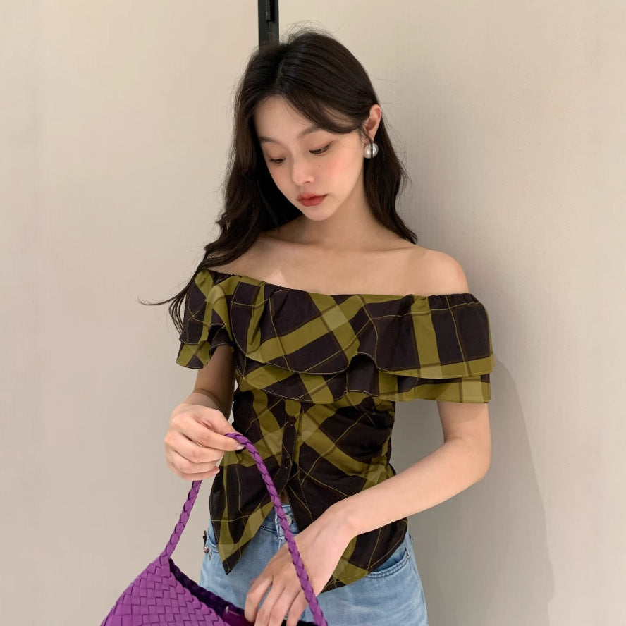 Camouflage ruffle edge one-word off-the-shoulder short-sleeved shirt women