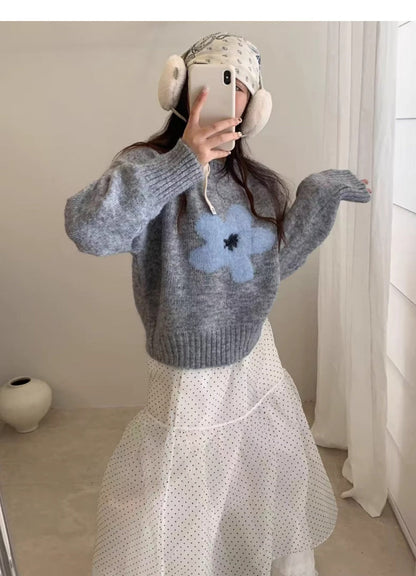 Floral Korean Soft Knit Loose Pullover Sweater