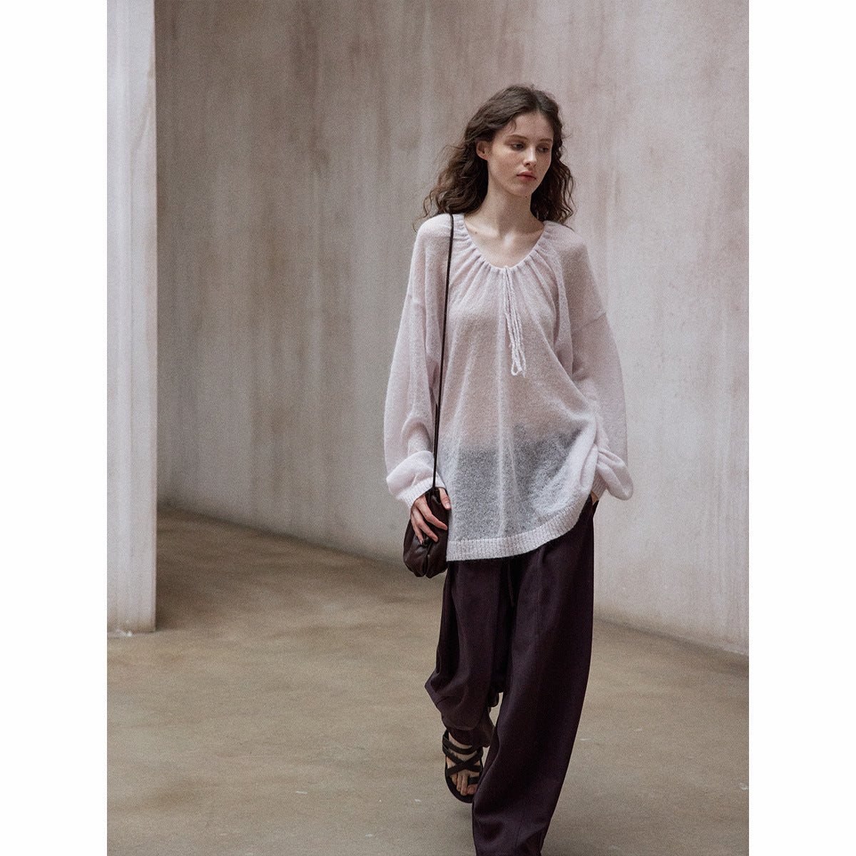 Natural yarn Mohai wool neckline drawstring long sleeve simple loose knitted jumper