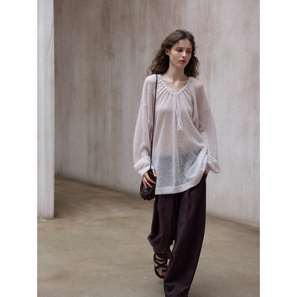 Natural yarn Mohai wool neckline drawstring long sleeve simple loose knitted jumper