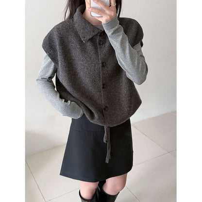 Korean stacked turtleneck knitted vest women's spring drawstring waist versatile sweater vest