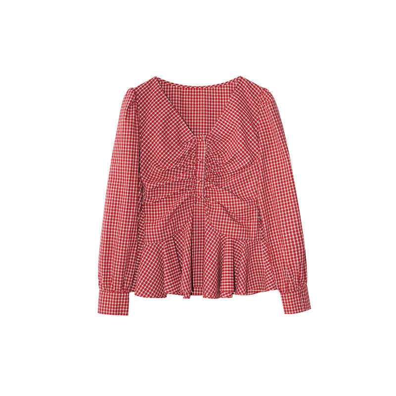 Women's V-Neck Plaid Ruffle Pleated-Waist Slim-Fit Long Sleeve Cotton Shirt
