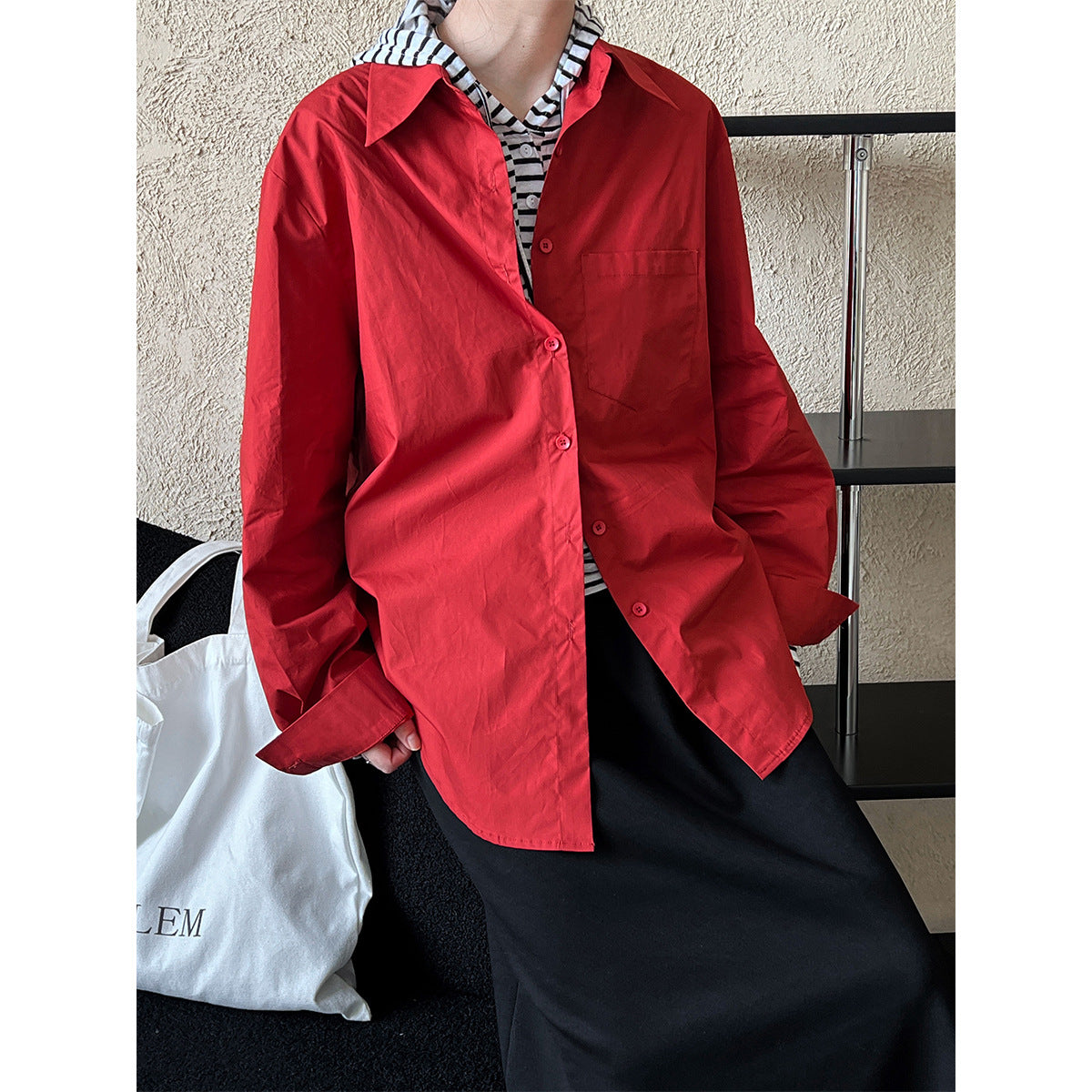 Korean version of chic loose silhouette shirt jacket women's commuter lapel versatile long-sleeved casual top