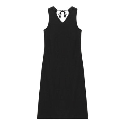 Ramie backless A word belly covering and thin v-neck sleeveless dress
