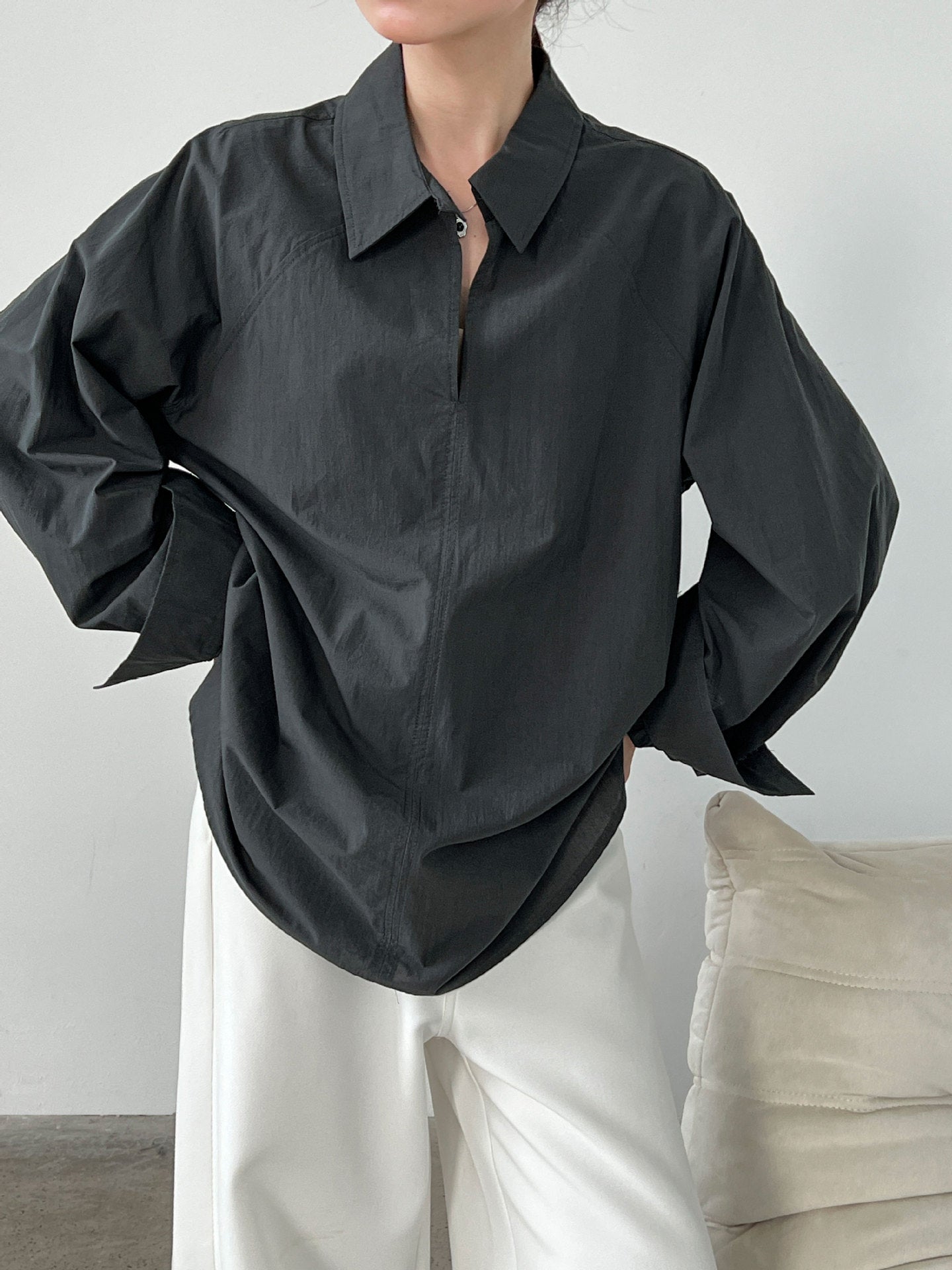Design sense casual commuting characteristic placket shirt women's autumn new texture loose simple top