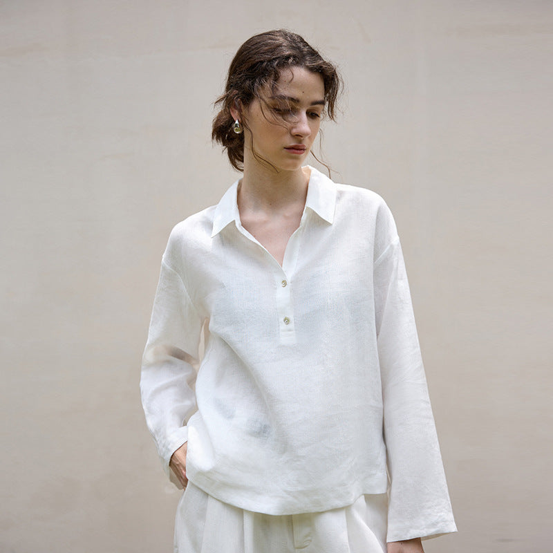 Linen Long Sleeve Polo Collar Shirt