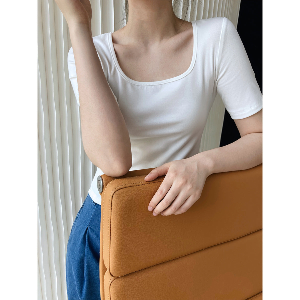 New solid color short square neck short-sleeved T-shirt women's high waist slim-fitting clavicle top