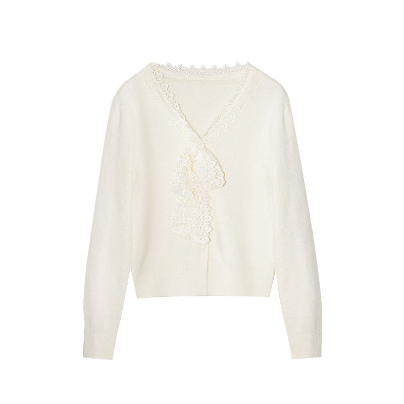 Sweet age-reducing lace-lace-up V-neck pullover sweater