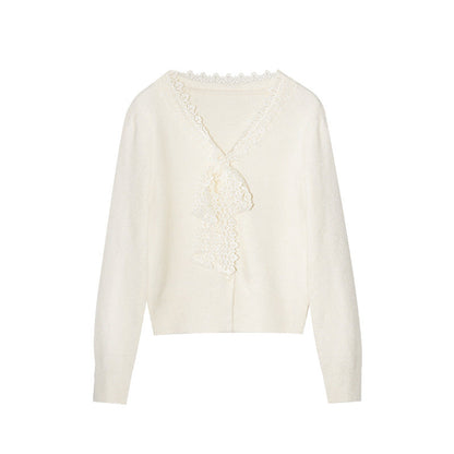 Sweet age-reducing lace-lace-up V-neck pullover sweater
