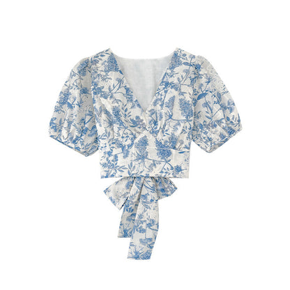 French sweet v-neck lace-up waist floral shirt