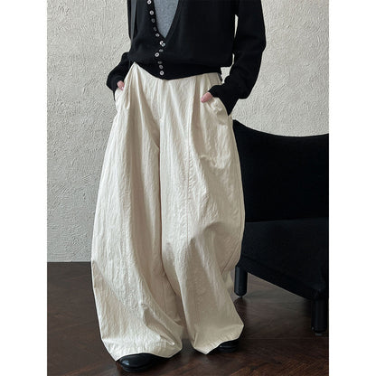 Three-dimensional pleated volume and texture wide-leg straight-leg pants women's autumn new versatile strap trousers