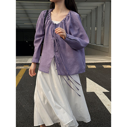 Korean drawstring shirt top women's spring new V-neck sunscreen shirt lace-up cardigan