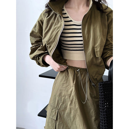 American short jacket + drawstring skirt two-piece outdoor sports tooling suit women