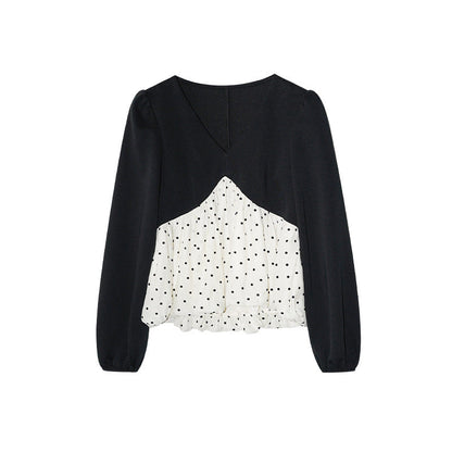 Sweet hem stitching long-sleeved v-neck top shirt