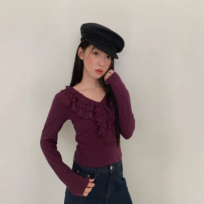 Sweet wind age-reducing ruffle edge slim-fitting long-sleeved bottoming shirt