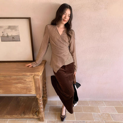 Coffee pleated irregular straps shirt top
