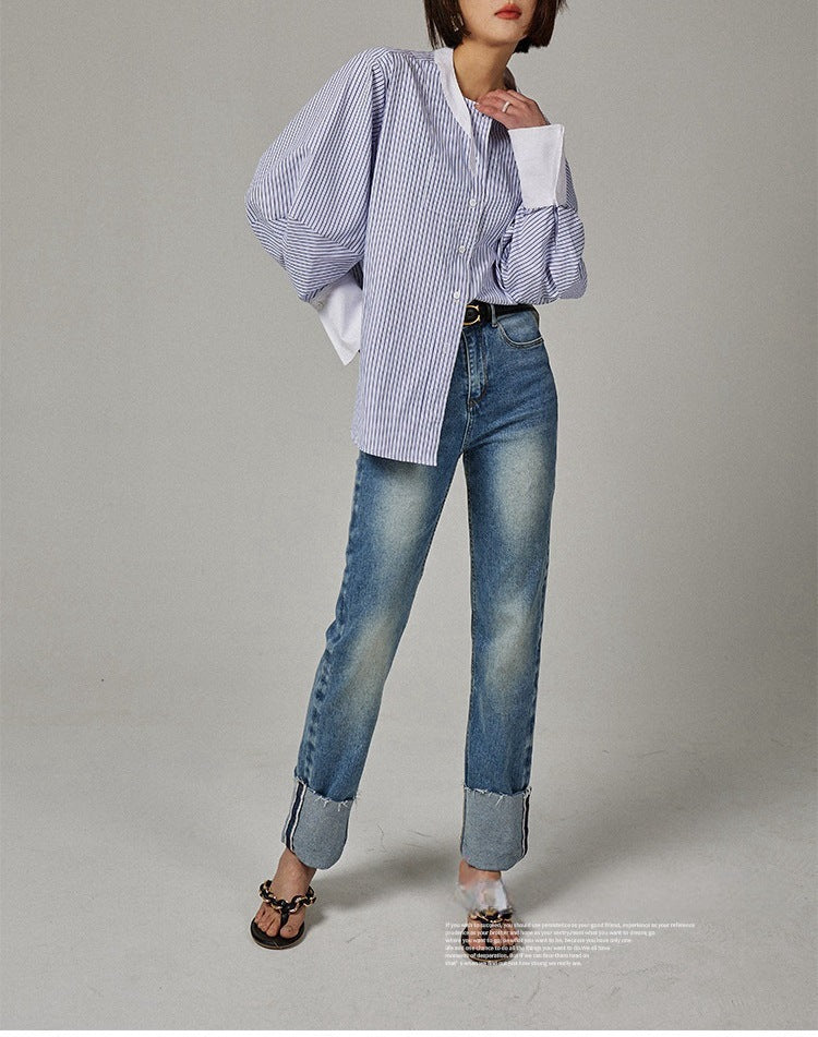 Spring and summer new top design sense niche chic casual cotton round neck tea striped shirt