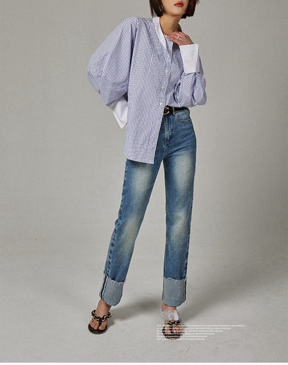 Spring and summer new top design sense niche chic casual cotton round neck tea striped shirt