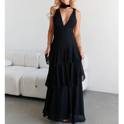 Fashion sexy long dress backless French suspender dress high waist cake dress light luxury pleated