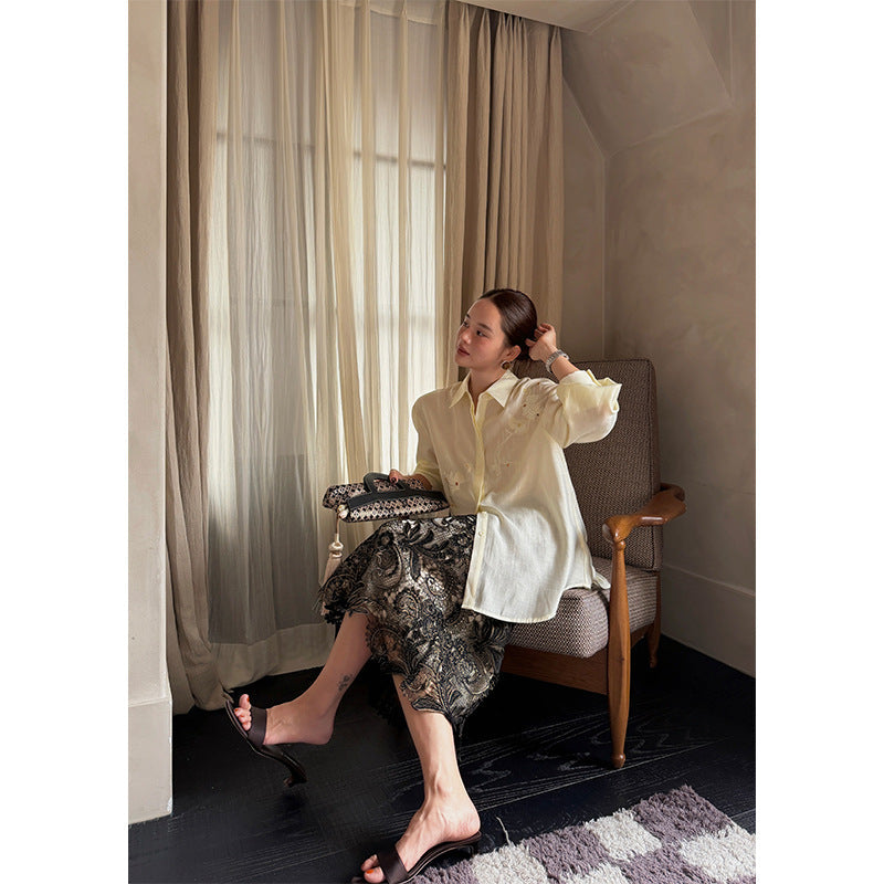 Early spring French celebrity stunning high waist temperament hollow lace skirt