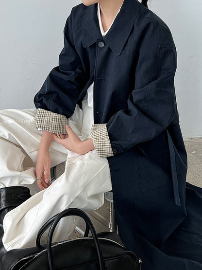 Japanese lapel mid-length trench coat women's autumn new design sense splicing plaid Barn style jacket