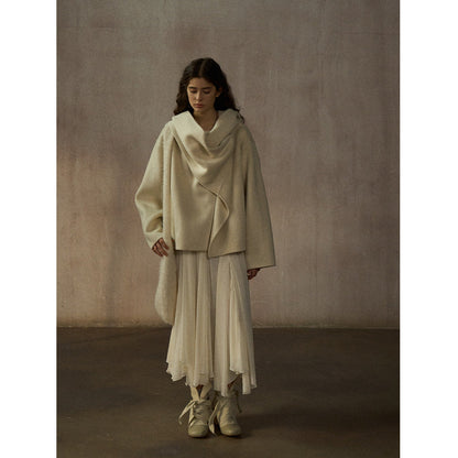 Rabbit velvet high quality hand sewn loose silhouette thermal scarf collar double-sided jacket