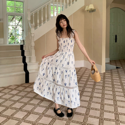 Floral Square Neck Sleeveless Pleated Maxi Dress