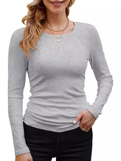 Ribbed Cotton Long Sleeve T-Shirt Women Solid Color Round Neck Slim Fit