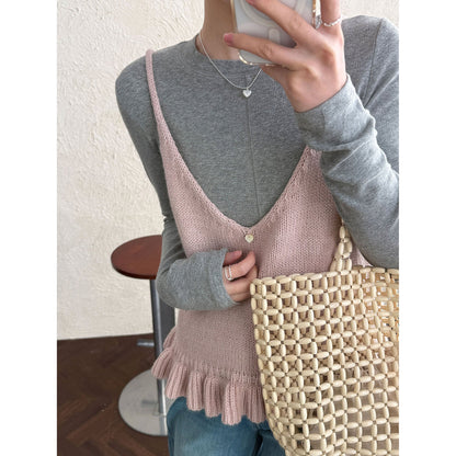 Gentle V-neck ruffle edge knitted vest women's 26 early spring new stacked wear versatile suspender top