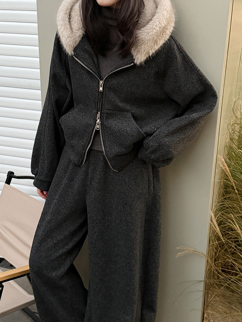 Slack, lazy, fur-collared sweatshirt, jacket, scimitar, wide-leg pants, women's winter wool fleece casual suit 2153