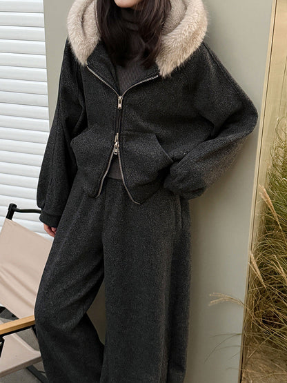 Slack, lazy, fur-collared sweatshirt, jacket, scimitar, wide-leg pants, women's winter wool fleece casual suit 2153