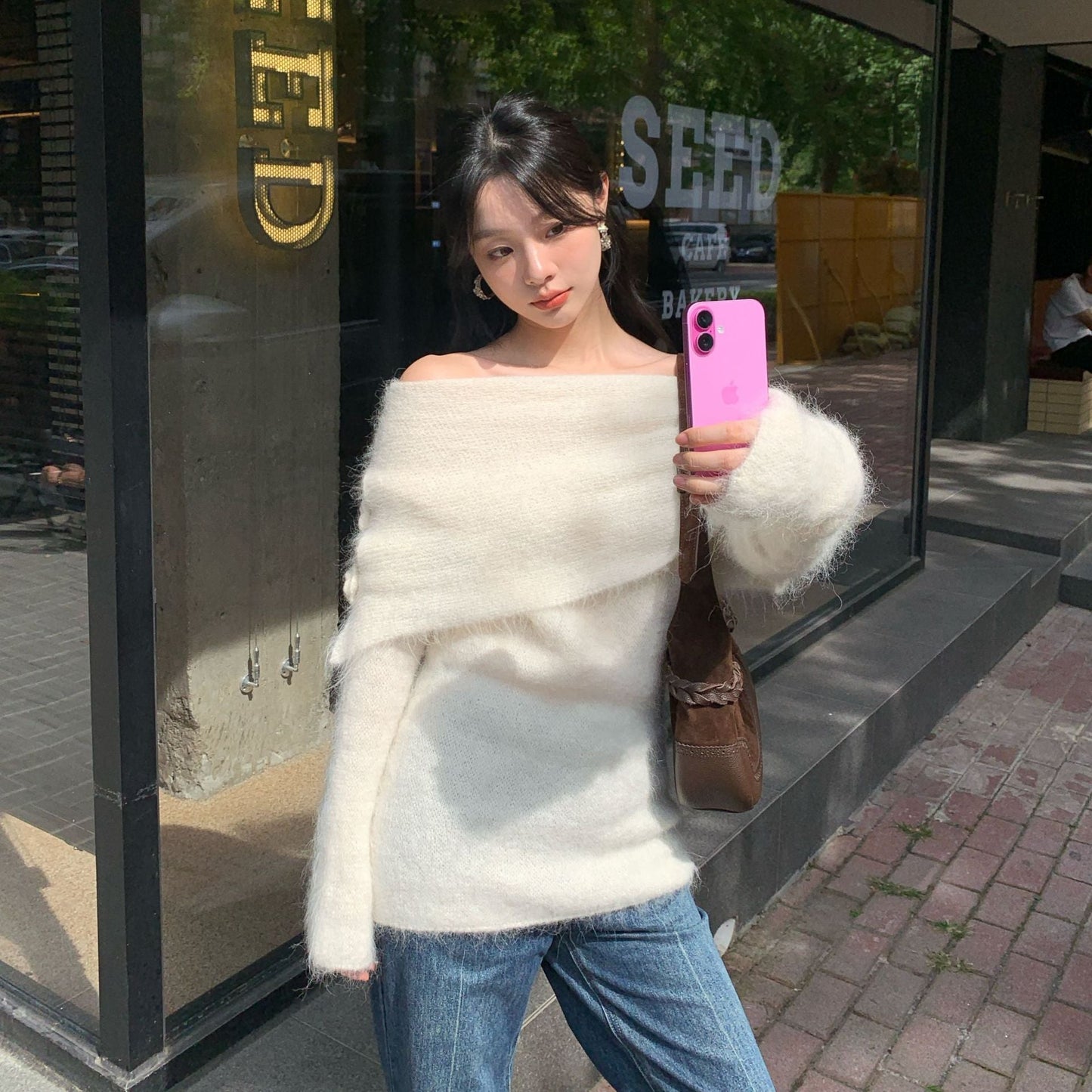 Women's Off-Shoulder 3D Floral Knit Alpaca Wool Pullover Sweater
