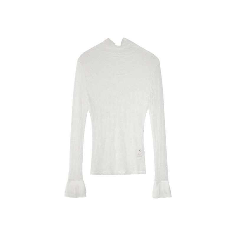Elegant Slim Pile Long Sleeve Turtleneck Lace Bottom Shirt