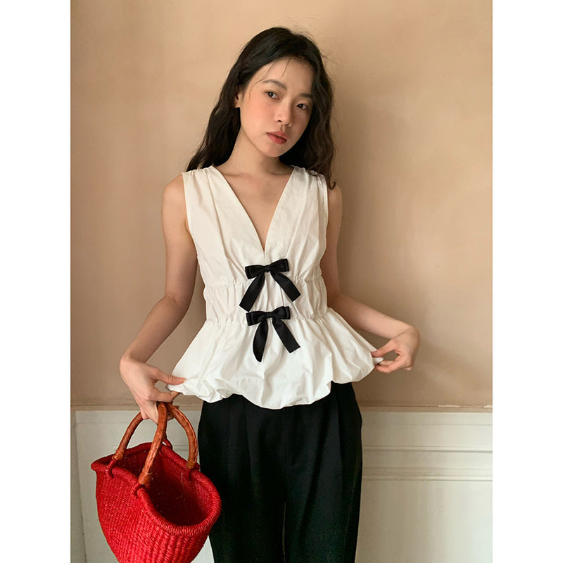 Cute bow age-reducing waist v-neck sleeveless top