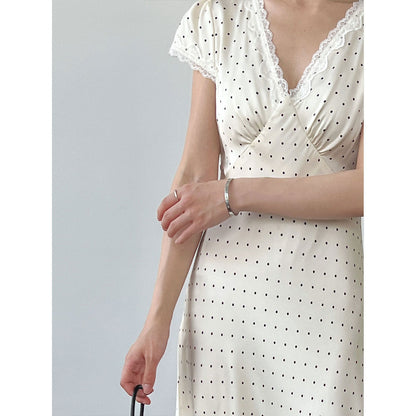 French V-neck lace splicing dress women's summer new polka dot temperament waist and thin dress