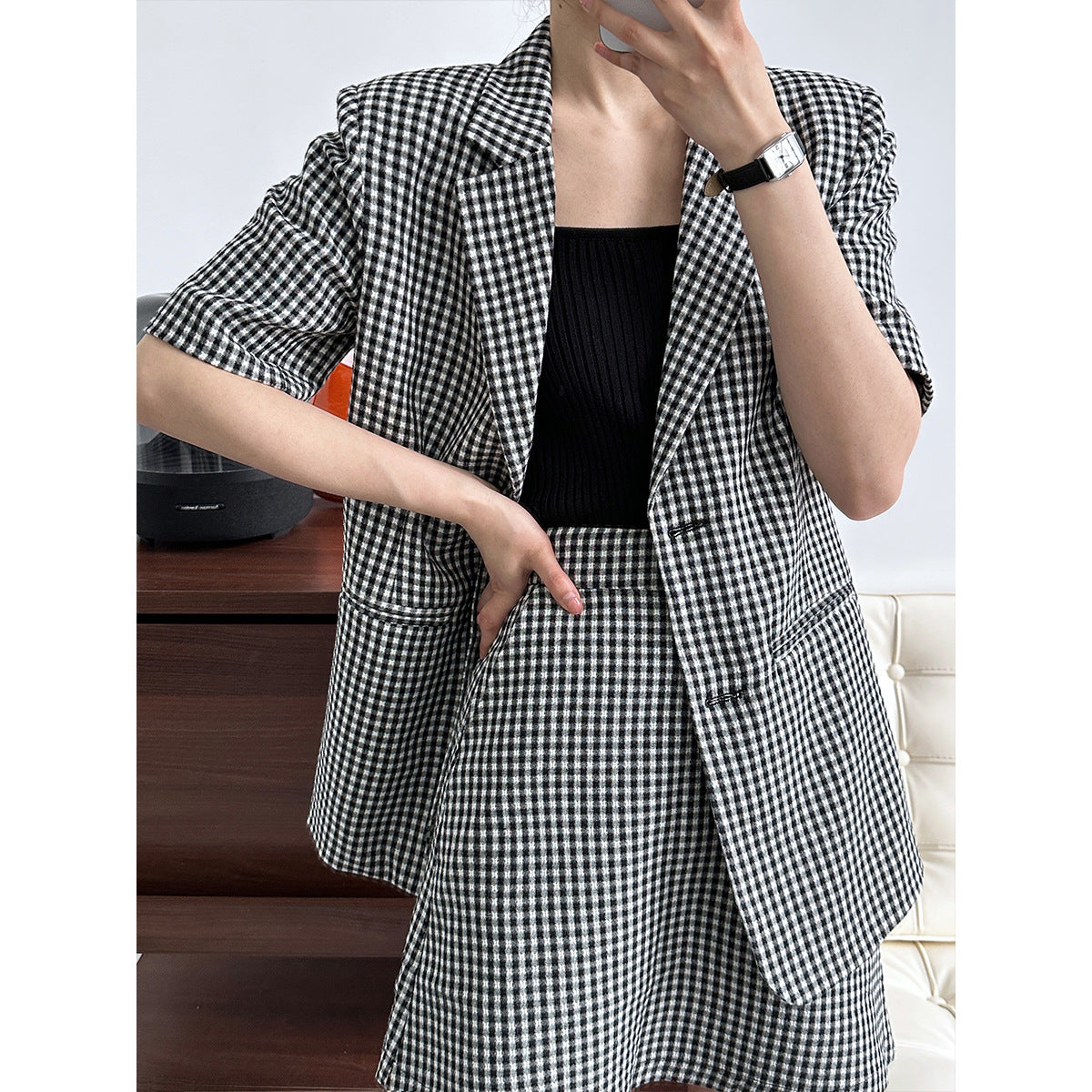 Plaid short-sleeve lightweight blazer + a-line skirt two-piece fashion commute set