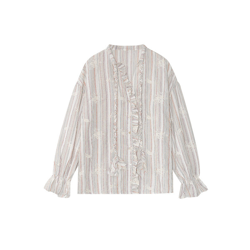 Loose long-sleeved wooden ear-edged embroidered striped shirt