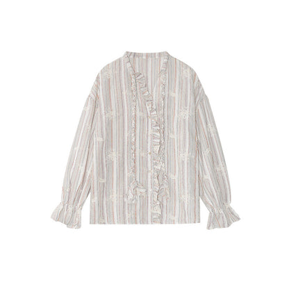 Loose long-sleeved wooden ear-edged embroidered striped shirt